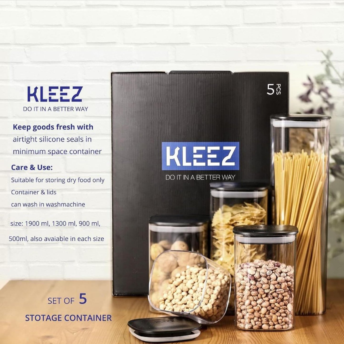 KLEEZ Clear Food Storage Container Value 5 Pack Airtight Vacuum Sealing High-Grade Black Plastic Lid ensure freshness. Organises pantry. Stores pasta, sugar, flour, cereal, beans. Upright canister