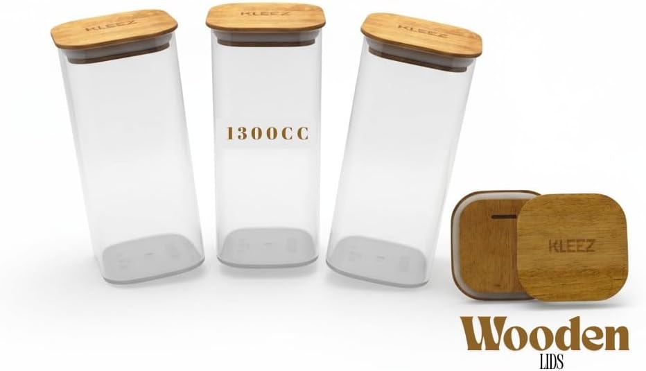 KLEEZ Airtight Food Storage Containers | Set of 3 Clear 1300cc Plastic Canisters with Natural Wooden Lid | Kitchen Organizer for Pantry, Cereal, Pasta, Coffee, Snacks | Home and Kitchen Food Container