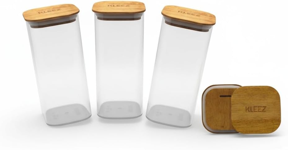KLEEZ Airtight Food Storage Containers | Set of 3 Clear 1300cc Plastic Canisters with Natural Wooden Lid | Kitchen Organizer for Pantry, Cereal, Pasta, Coffee, Snacks | Home and Kitchen Food Container