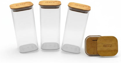 KLEEZ Airtight Food Storage Containers | Set of 3 Clear 1300cc Plastic Canisters with Natural Wooden Lid | Kitchen Organizer for Pantry, Cereal, Pasta, Coffee, Snacks | Home and Kitchen Food Container