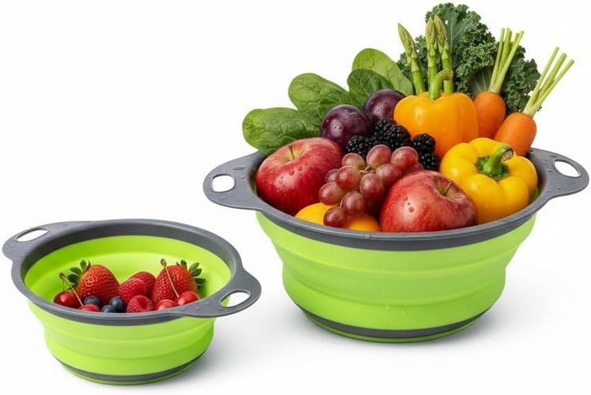 Colander Strainer (2 PCS), Fruit Basket Set, Space Saving & Collapsible Kitchen Accessories, Ideal As Sink Strainer And Best for Daily Kitchen Storage and Use. (Green)