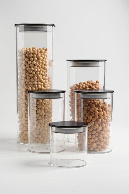 KLEEZ Clear Food Storage Container Value 5 Pack Airtight Vacuum Sealing High-Grade Black Plastic Lid ensure freshness. Organises pantry. Stores pasta, sugar, flour, cereal, beans. Upright canister