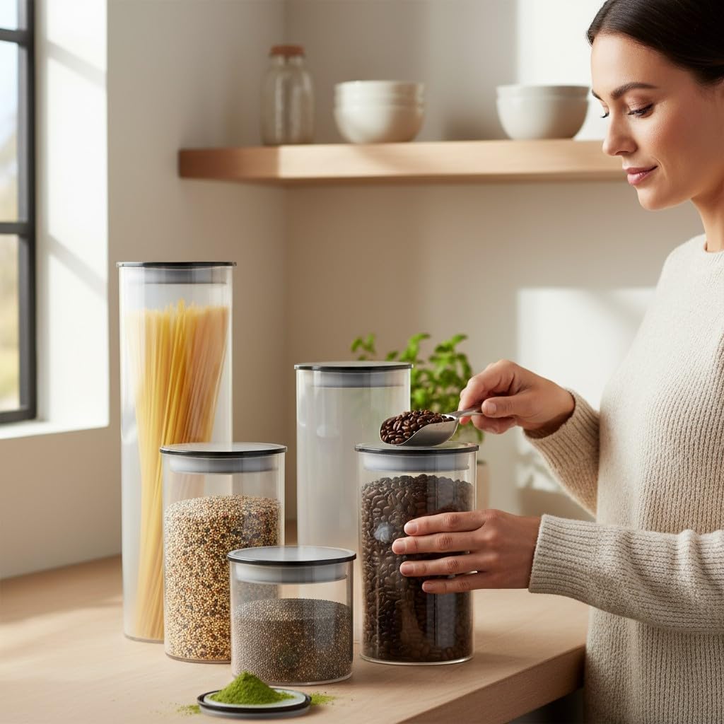 KLEEZ Clear Food Storage Container Value 5 Pack Airtight Vacuum Sealing High-Grade Black Plastic Lid ensure freshness. Organises pantry. Stores pasta, sugar, flour, cereal, beans. Upright canister