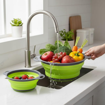 Colander Strainer (2 PCS), Fruit Basket Set, Space Saving & Collapsible Kitchen Accessories, Ideal As Sink Strainer And Best for Daily Kitchen Storage and Use. (Green)