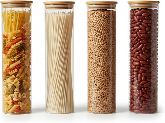 Kleez Airtight Food Storage 1900cc Containers Set of 4 with Wooden Lids – Stackable Jars for Pasta, Cereal & Pantry – BPA-Free Kitchen Organization