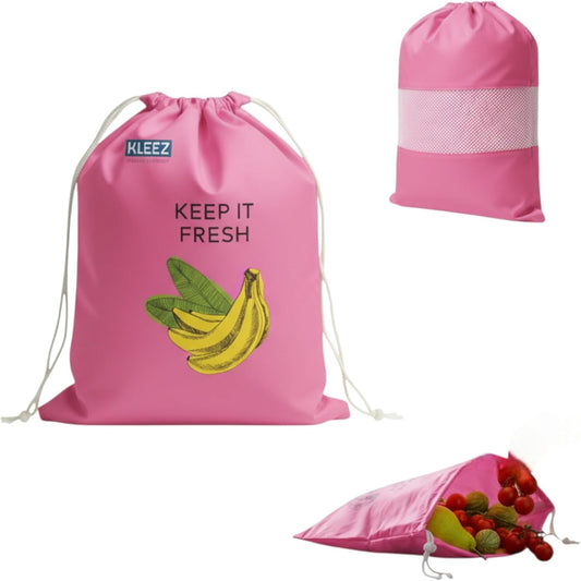 KLEEZ Reusable Fresh Produce Bags | Breathable Storage for Fruits, Vegetables & Herbs | Eco-Friendly, Washable, Color-Coded Grocery Bags for Fridge or Pantry | Set of 2 –Pink