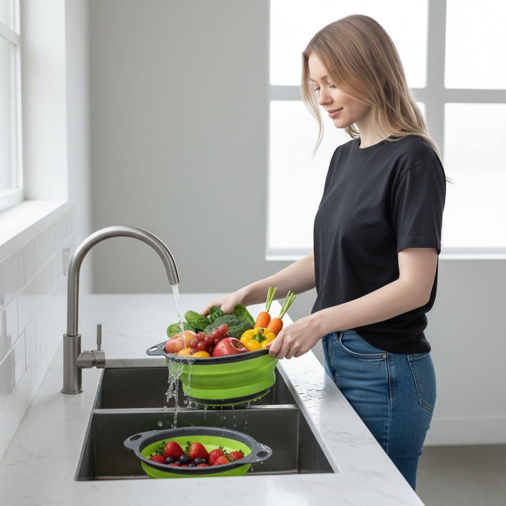Colander Strainer (2 PCS), Fruit Basket Set, Space Saving & Collapsible Kitchen Accessories, Ideal As Sink Strainer And Best for Daily Kitchen Storage and Use. (Green)