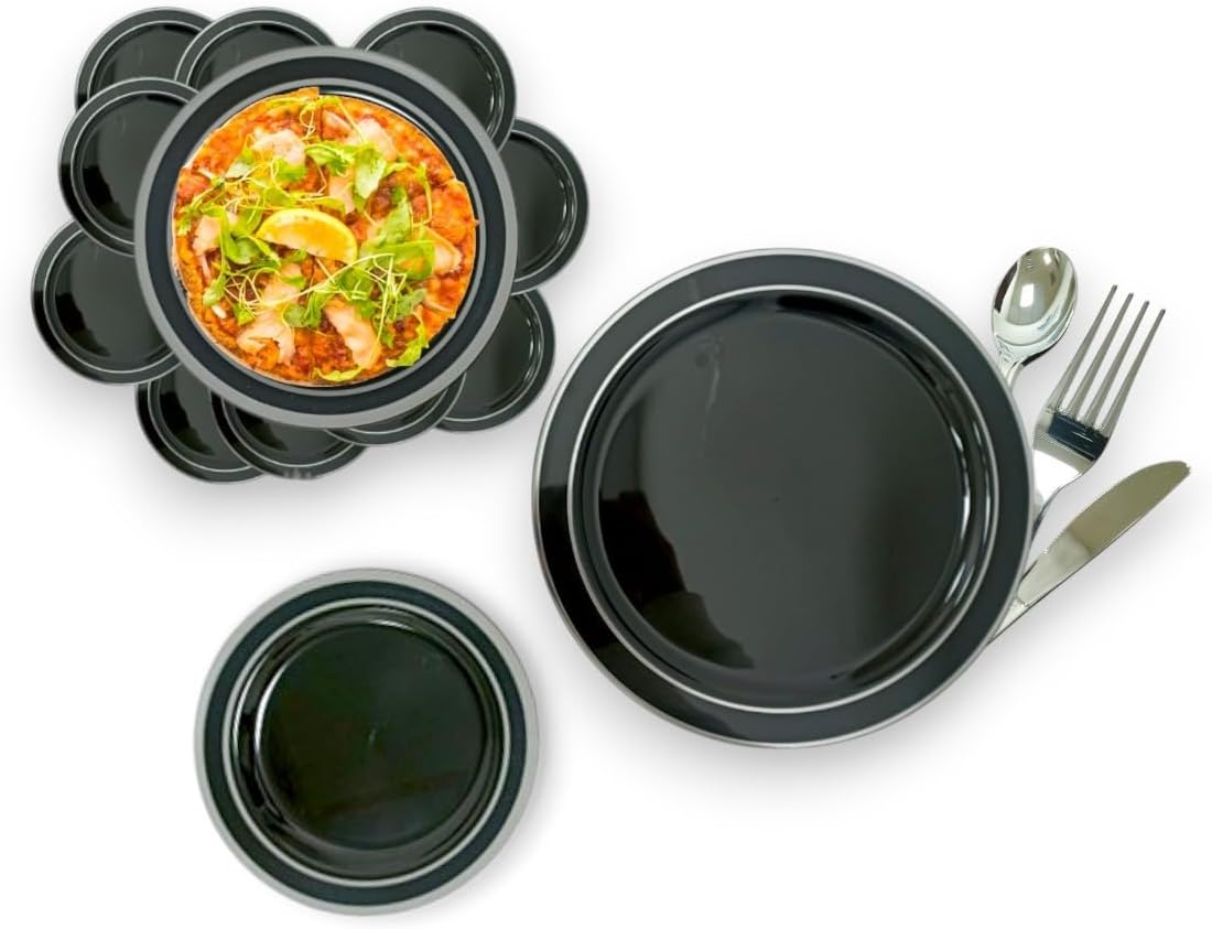 Premium 96-Piece Disposable Dinnerware Set – Elegant Party Plates and Cutlery for Events, Gatherings, BBQs, Birthdays, and Everyday Use (BLACK)