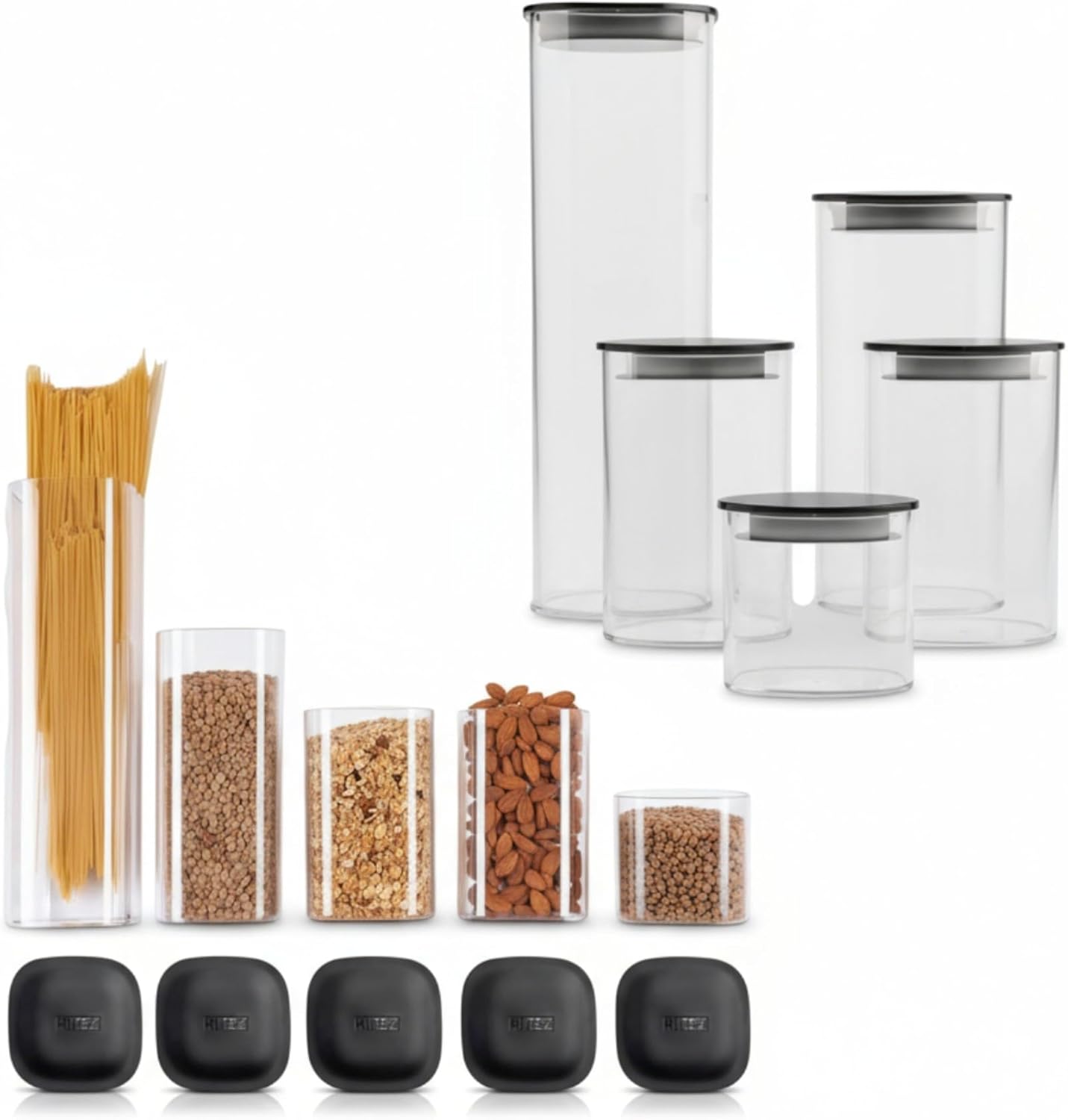 KLEEZ Clear Food Storage Container Value 5 Pack Airtight Vacuum Sealing High-Grade Black Plastic Lid ensure freshness. Organises pantry. Stores pasta, sugar, flour, cereal, beans. Upright canister
