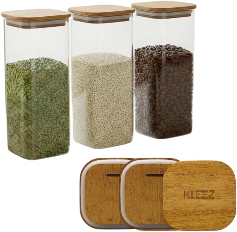 KLEEZ Airtight Food Storage Containers | Set of 3 Clear 1300cc Plastic Canisters with Natural Wooden Lid | Kitchen Organizer for Pantry, Cereal, Pasta, Coffee, Snacks | Home and Kitchen Food Container