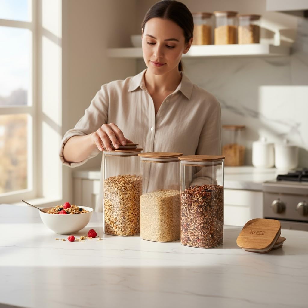 KLEEZ Airtight Food Storage Containers | Set of 3 Clear 1300cc Plastic Canisters with Natural Wooden Lid | Kitchen Organizer for Pantry, Cereal, Pasta, Coffee, Snacks | Home and Kitchen Food Container