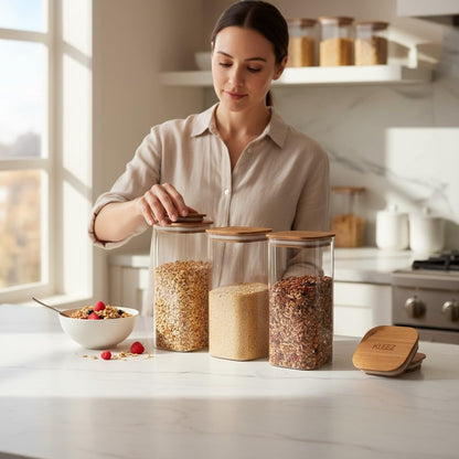 KLEEZ Airtight Food Storage Containers | Set of 3 Clear 1300cc Plastic Canisters with Natural Wooden Lid | Kitchen Organizer for Pantry, Cereal, Pasta, Coffee, Snacks | Home and Kitchen Food Container