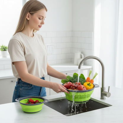 Colander Strainer (2 PCS), Fruit Basket Set, Space Saving & Collapsible Kitchen Accessories, Ideal As Sink Strainer And Best for Daily Kitchen Storage and Use. (Green)