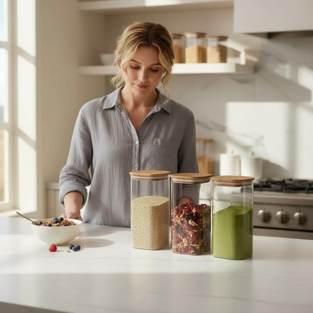 KLEEZ Airtight Food Storage Containers | Set of 3 Clear 1300cc Plastic Canisters with Natural Wooden Lid | Kitchen Organizer for Pantry, Cereal, Pasta, Coffee, Snacks | Home and Kitchen Food Container