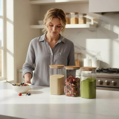 KLEEZ Airtight Food Storage Containers | Set of 3 Clear 1300cc Plastic Canisters with Natural Wooden Lid | Kitchen Organizer for Pantry, Cereal, Pasta, Coffee, Snacks | Home and Kitchen Food Container