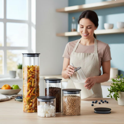 KLEEZ Clear Food Storage Container Value 5 Pack Airtight Vacuum Sealing High-Grade Black Plastic Lid ensure freshness. Organises pantry. Stores pasta, sugar, flour, cereal, beans. Upright canister