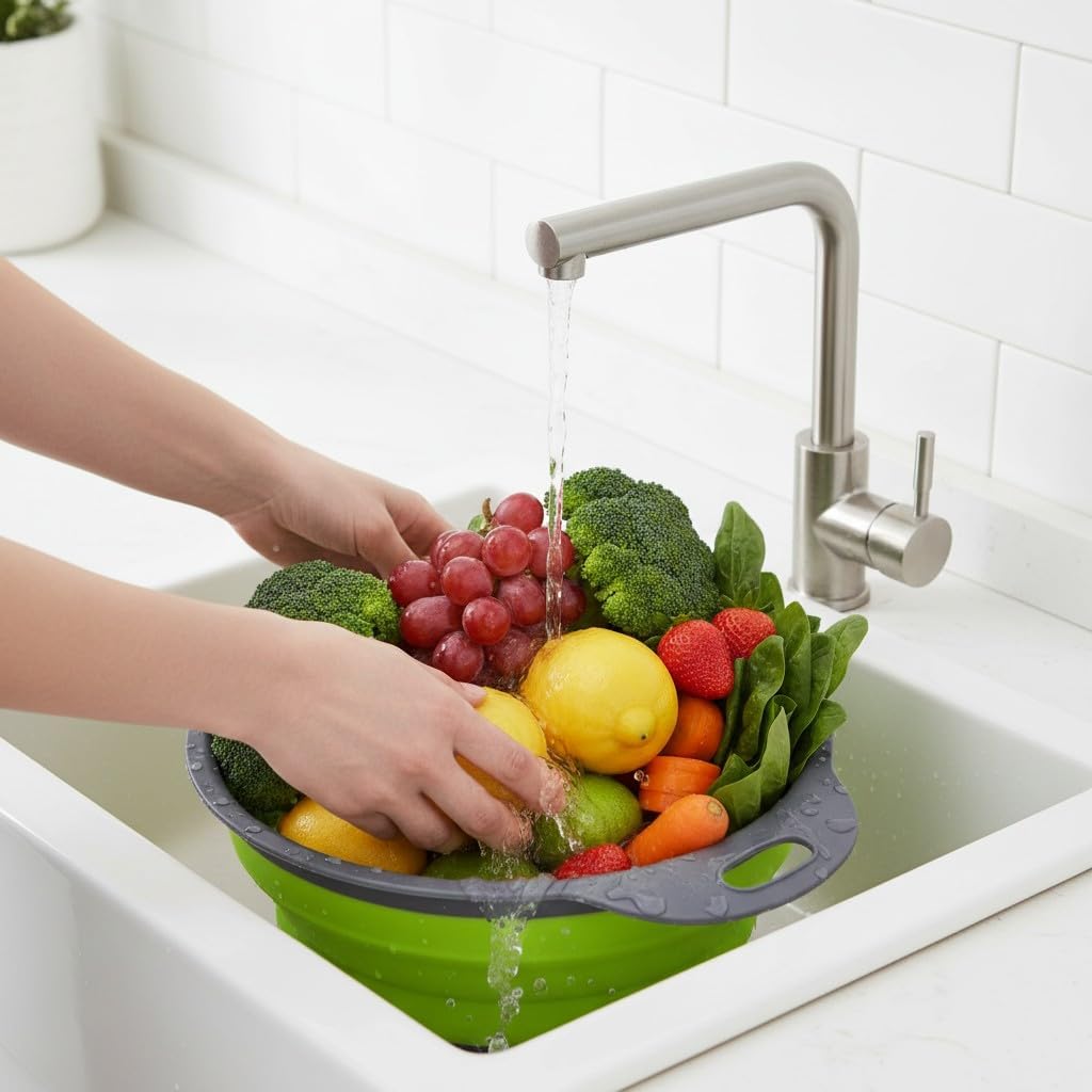 Colander Strainer (2 PCS), Fruit Basket Set, Space Saving & Collapsible Kitchen Accessories, Ideal As Sink Strainer And Best for Daily Kitchen Storage and Use. (Green)