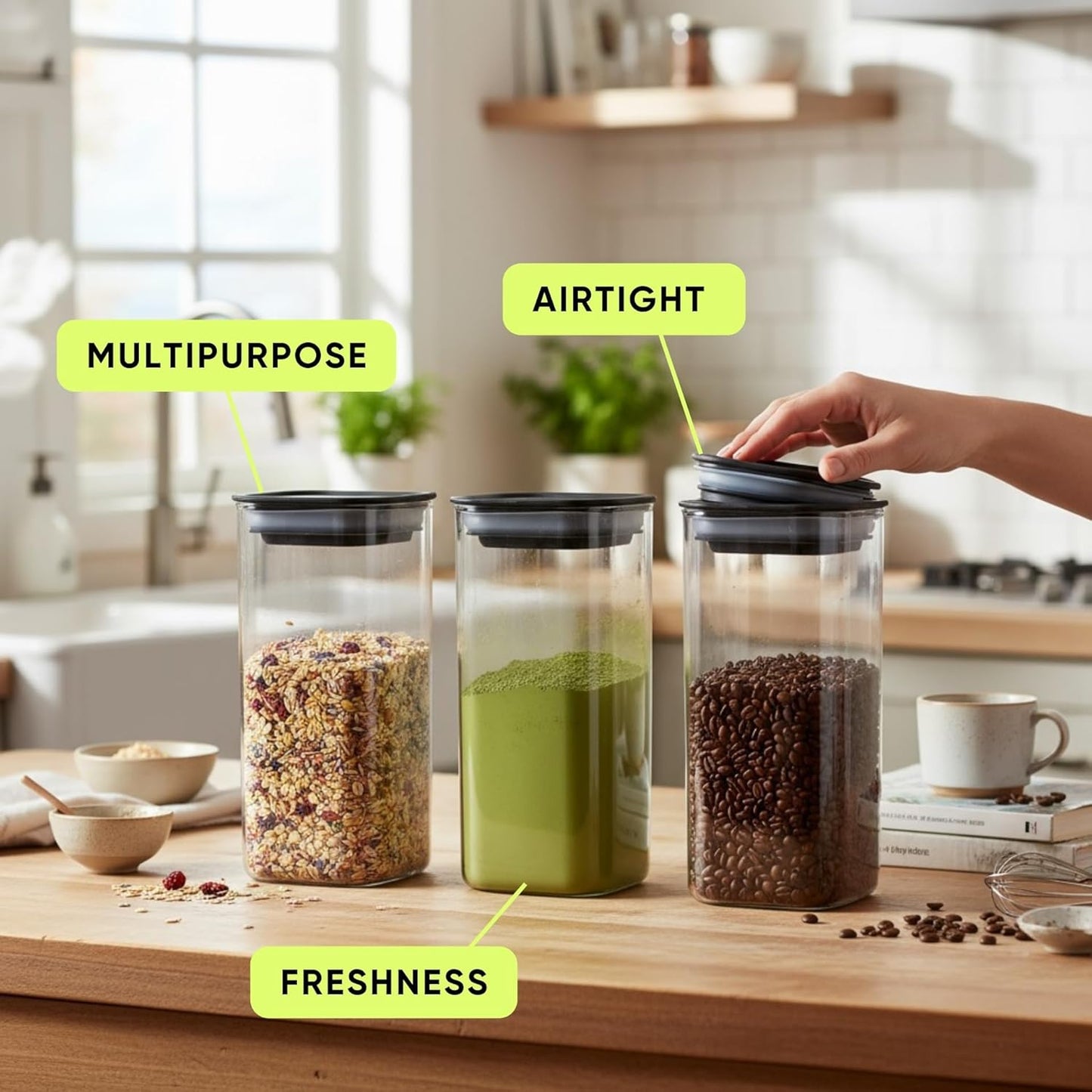 Airtight Food Storage Containers Set (3pcs) – BPA-Free Clear Pantry Jars for Cereal, Grains & Coffee
