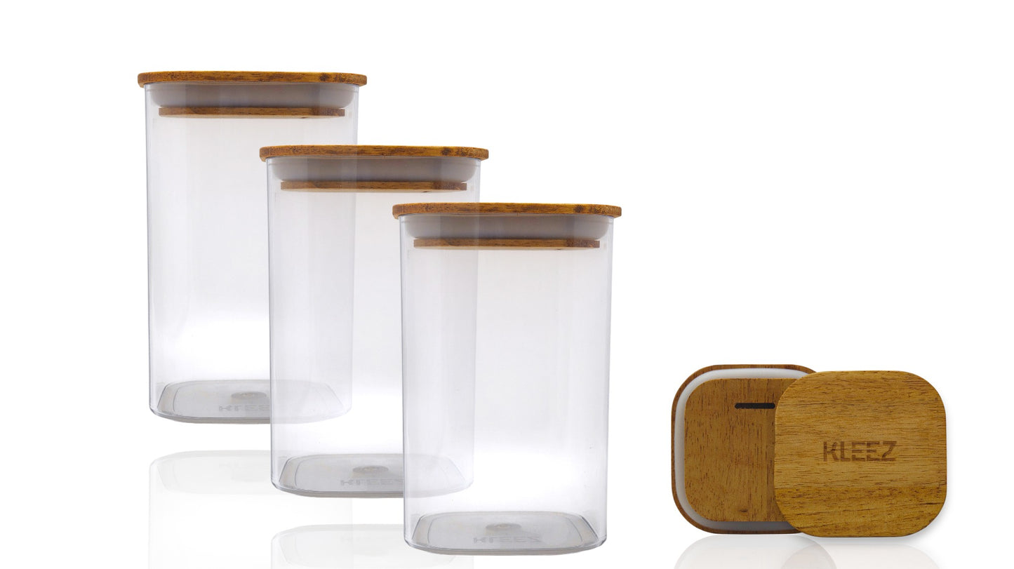 KLEEZ Airtight Food Storage Containers Set (3pcs) – 1300cc BPA-Free Clear Pantry Jars with Wooden Lids