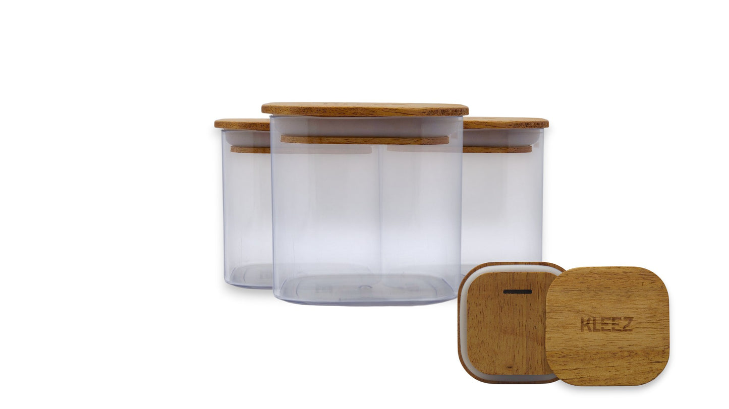 KLEEZ Airtight Food Storage Containers Set (3pcs) – 1300cc BPA-Free Clear Pantry Jars with Wooden Lids
